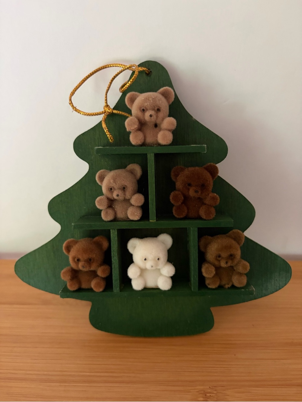 Vintage Christmas Miniature Flocked Teddy Bears Holiday Ornament Shelf Set